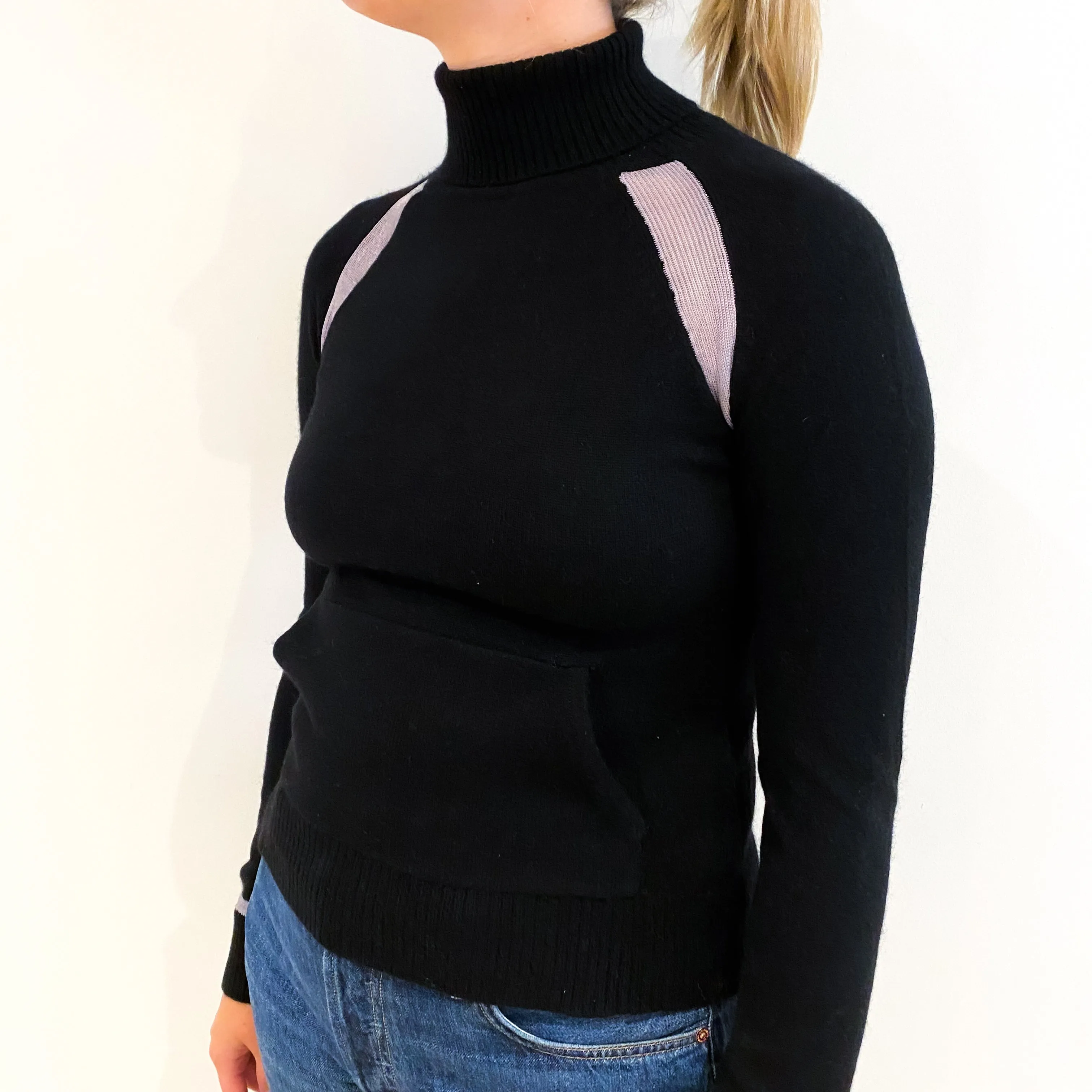 Black Silver Trim Cashmere Polo Neck Jumper with Pocket Small