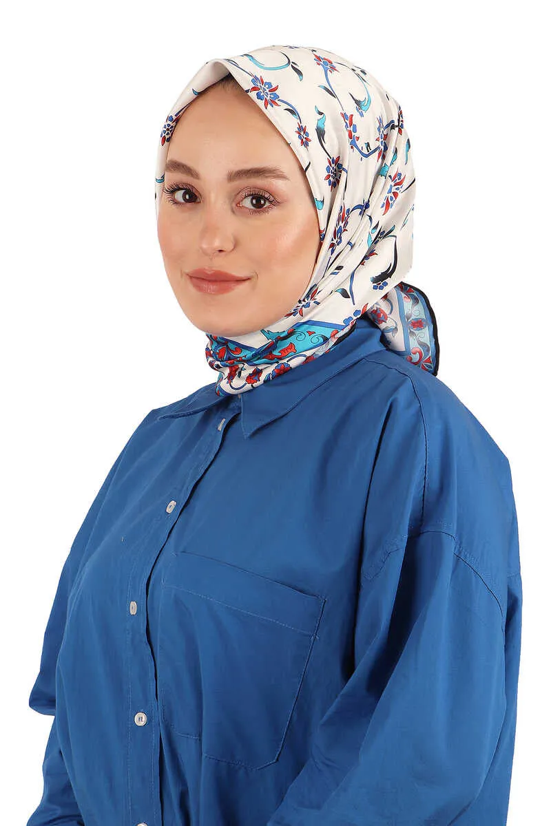 Blue Wildflower Pattern Silky Square Scarf