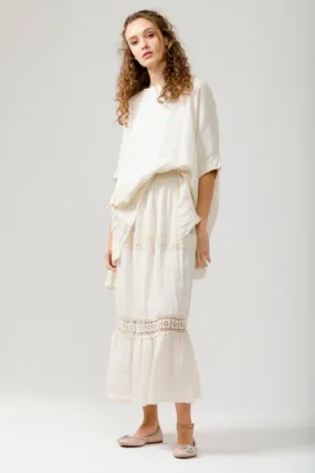 Capri maxi linen skirt with 2 lace insets. Cream