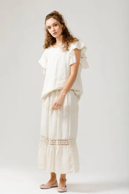 Capri maxi linen skirt with 2 lace insets. Cream