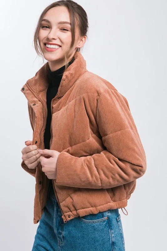 Corduroy Snap Puffer Jacket with Toggle Detail