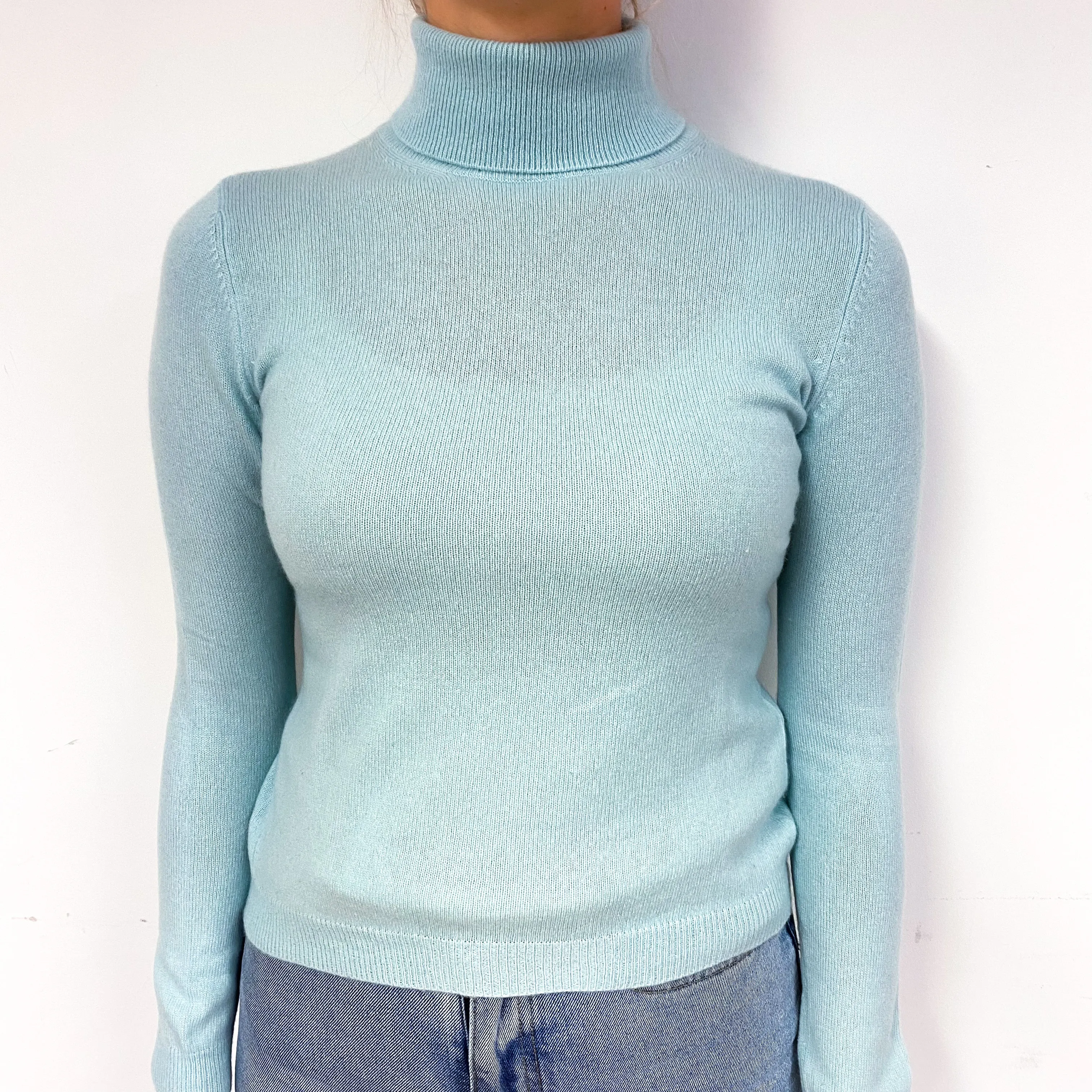 Mint Blue Cashmere Polo Neck Jumper Small