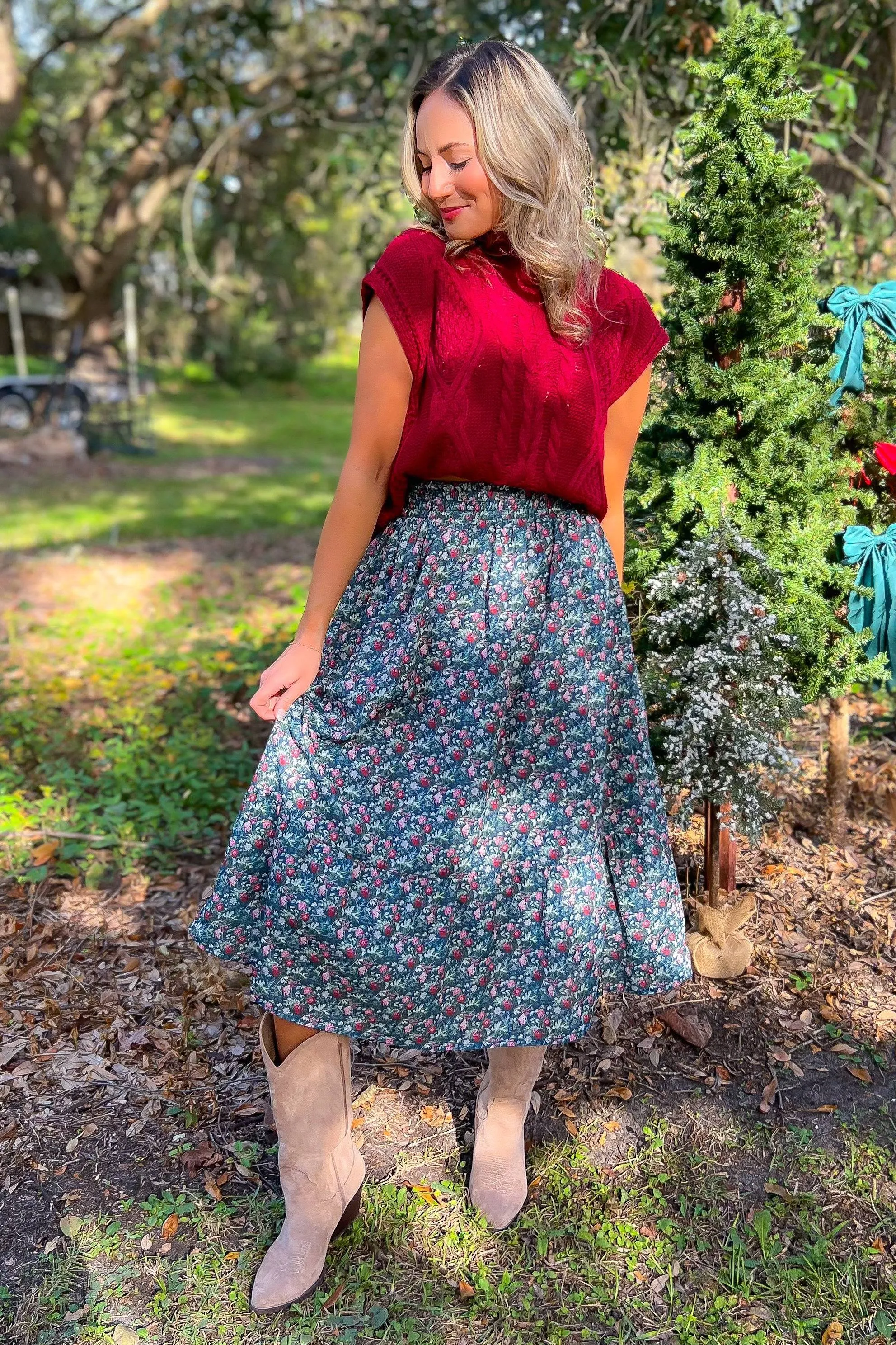 Rustic Paradise Navy Floral Midi Skirt
