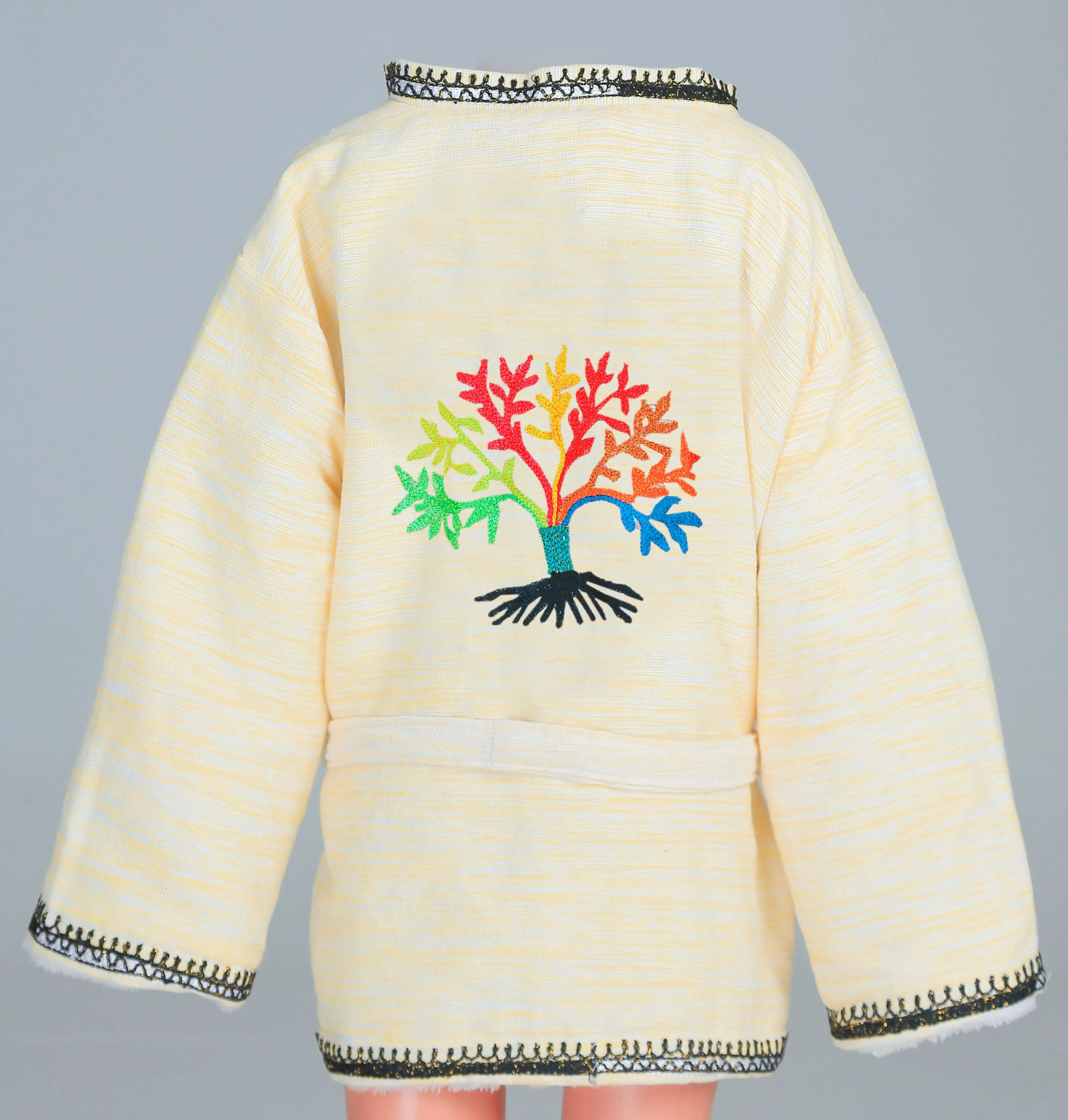 Short Collar Tree of Life Embroidery Handmade Cotten Night Robe