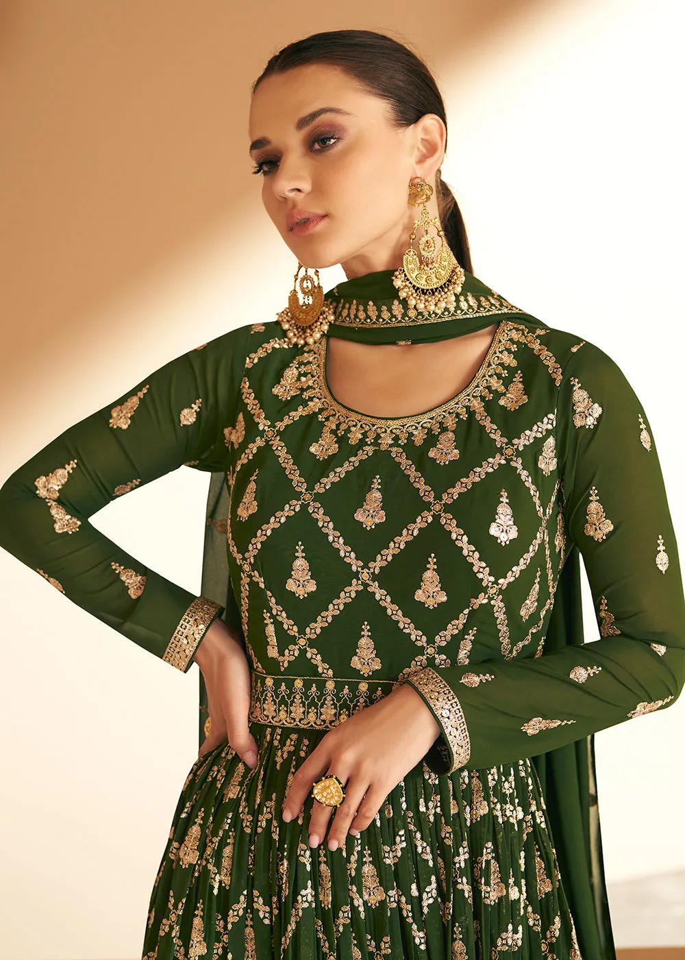 Tempting Real Georgette Green Wedding Wear Anarkali Suit