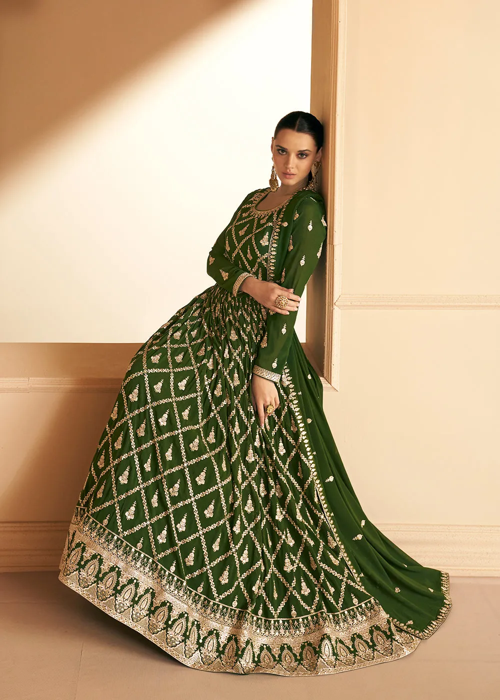 Tempting Real Georgette Green Wedding Wear Anarkali Suit