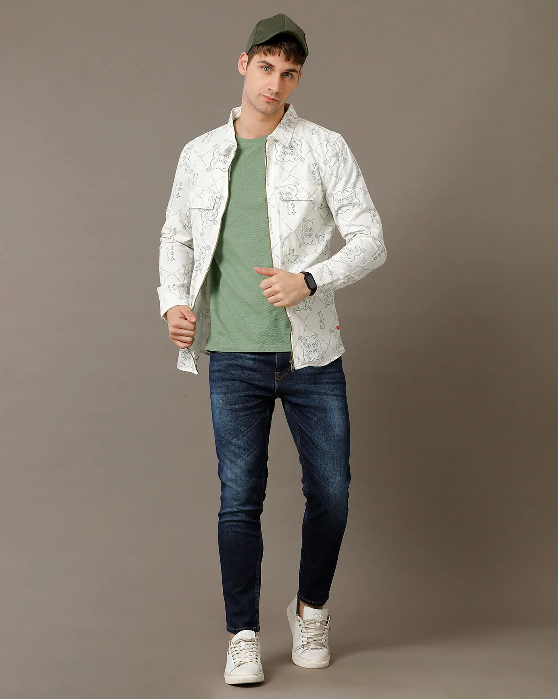 Voi Jeans Mens Off White AOP Regular Fit Shacket