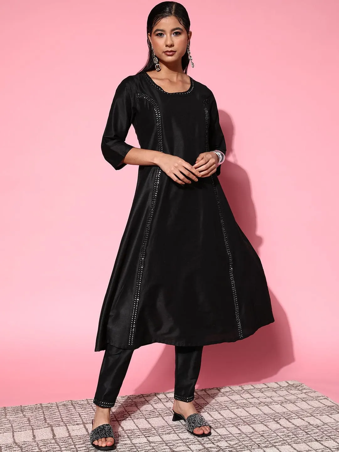 Women Black Mirror Embroidered A Line Kurta