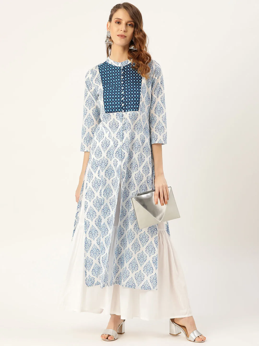 Women Blue Motif Floral Straight Yoke Kurta
