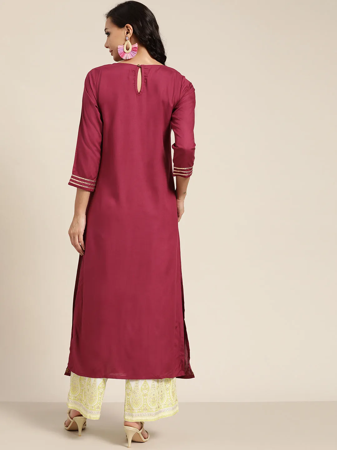 Women Burgundy Foil Print Liva Kurta